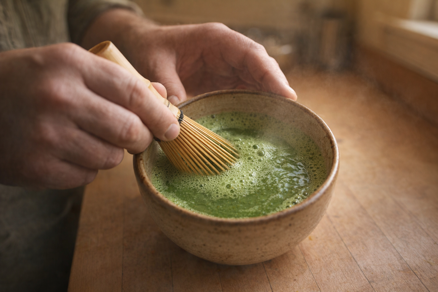 Hands holding a bamboo whisk inside a matcha bowl with a frothy green tea, warm light, shallow depth of field
